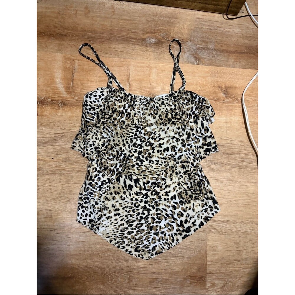 Leopard Print Ruffle Cami Swim Tank - Cool Toned Beige Black